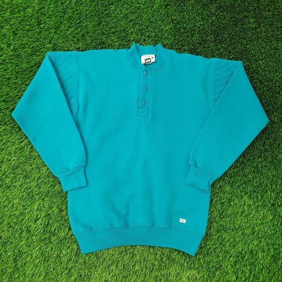 Vintage 90s MOD LEE Sweatshirt Women Large 20x26 Blue Henley - Picture 1 of 16